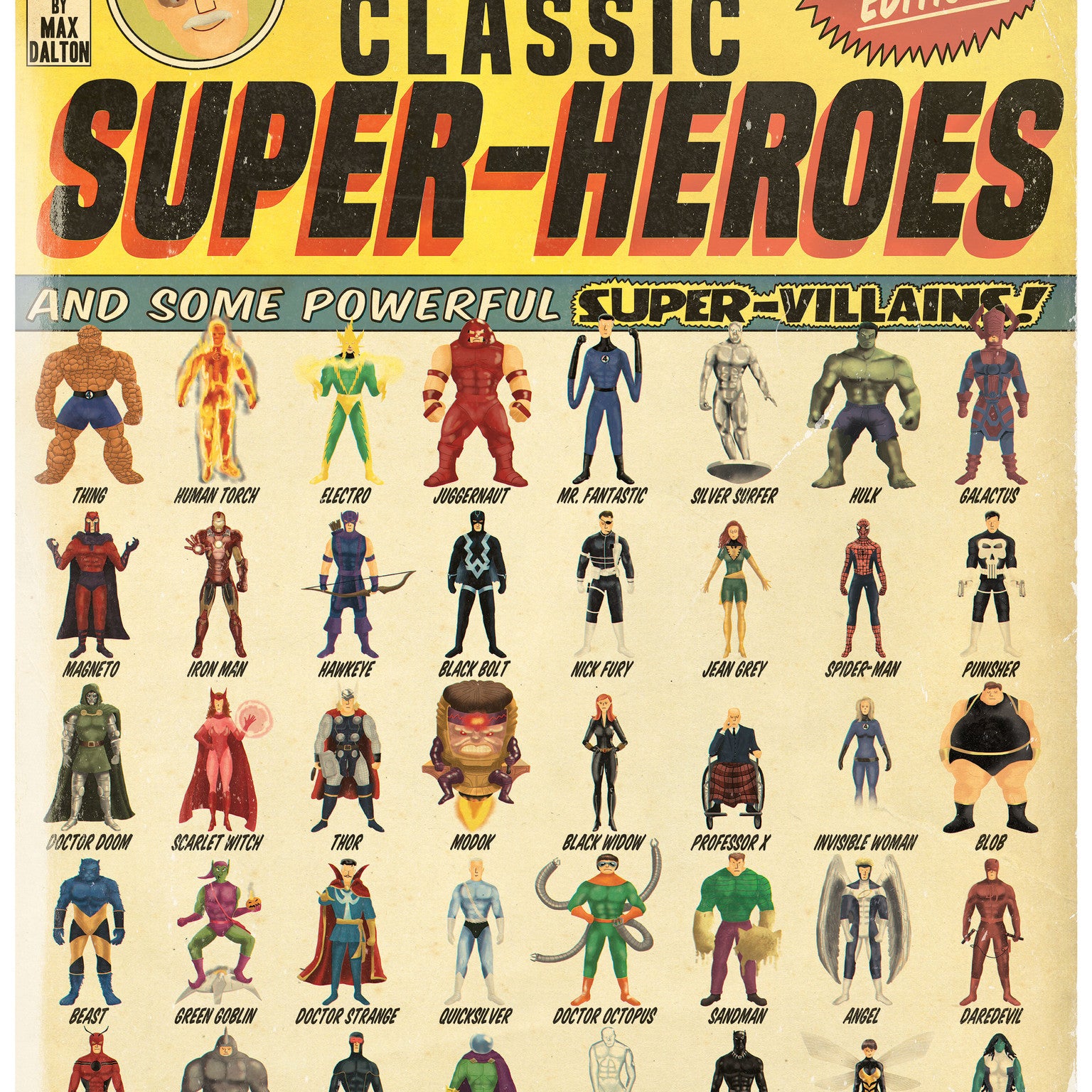 Max Daltons limited edition vintage comic book cover, titled Stan Lees Classic Super-Heroes, showcases illustrated superheroes and villains like Iron Man, Thor, and Spider-Man. Special Edition and And Many More! are prominently featured with vibrant costumes in a grid format.