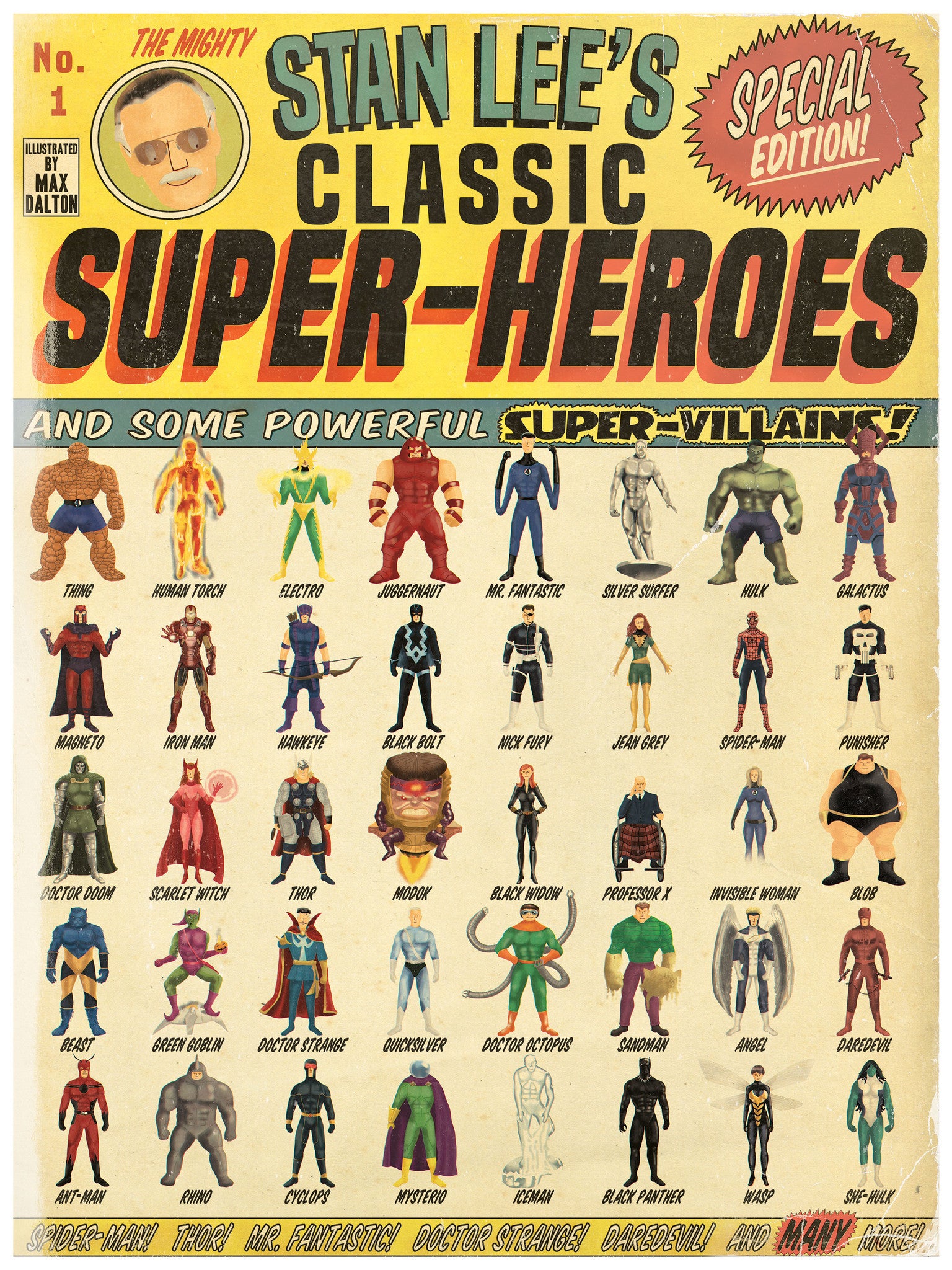 Max Daltons limited edition vintage comic book cover, titled Stan Lees Classic Super-Heroes, showcases illustrated superheroes and villains like Iron Man, Thor, and Spider-Man. Special Edition and And Many More! are prominently featured with vibrant costumes in a grid format.