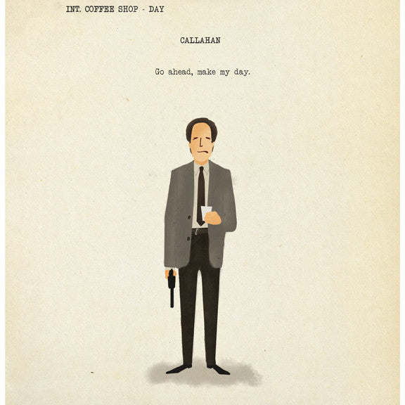 A fine art print by Max Dalton shows a man in a suit holding a coffee cup and a gun, with movie script text INT. COFFEE SHOP - DAY CALLAHAN and Go ahead, make my day.