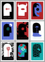 Sam Smiths limited edition screen prints feature nine abstract illustrations of stylized faces with horns and spirals against contrasting backgrounds. Italian text complements their unique thematic essence.