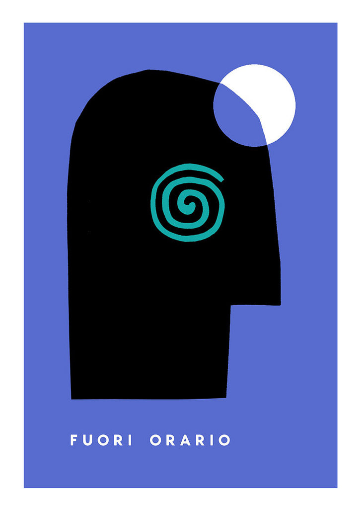 Sam Smiths limited edition poster features a black head silhouette on a blue background with a white circle at the top. A teal spiral inside suggests thought or movement, with FUORI ORARIO text below. Its an art tribute to Martin Scorsese.