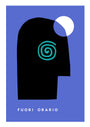 Sam Smiths limited edition poster features a black head silhouette on a blue background with a white circle at the top. A teal spiral inside suggests thought or movement, with FUORI ORARIO text below. Its an art tribute to Martin Scorsese.