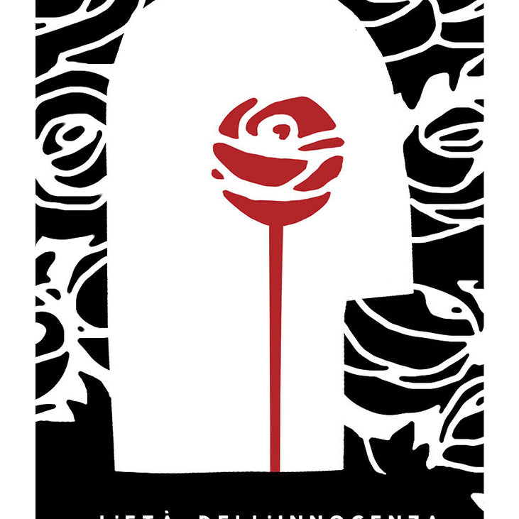 This Sam Smith limited edition screen print is a stylized poster with a white silhouette on a black rose-filled background. A central red rose adorns the silhouette, with LEra dellInnocenza inscribed below, embodying The Film Foundations Martin Scorsese art show essence.