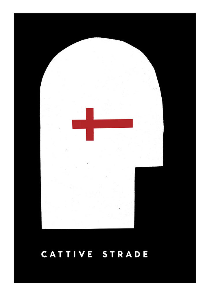 This limited edition Sam Smith screen print features a minimalist design with a white abstract human head silhouette on black, accented by a red cross over the face. Below, CATTIVE STRADE is elegantly printed in white, evoking the dramatic flair of Martin Scorsese.