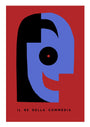 Sam Smiths limited edition screen print features abstract art: a stylized blue face with a semicircular eye and broad smile against a red background, dividing light and dark sections. Created for the Martin Scorsese art show, it reads Il Re Della Commedia below.