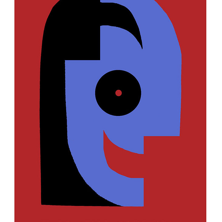 Sam Smiths limited edition screen print features abstract art: a stylized blue face with a semicircular eye and broad smile against a red background, dividing light and dark sections. Created for the Martin Scorsese art show, it reads Il Re Della Commedia below.