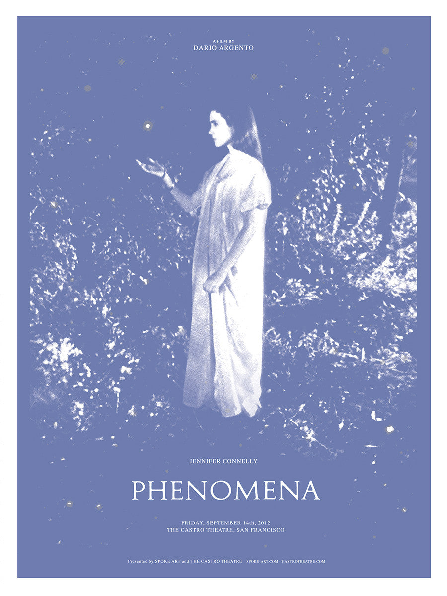 A vintage-style screen print poster by Sam Smith for Phenomena features a woman in a long dress in the forest holding a glow-in-the-dark object, with blue tones highlighting the film title and Castro Theatre screening details.