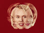Sam Gilbeys digital art depicts a woman’s face layered thrice with subtle variations, achieving a surreal effect against a deep red background. Each layer captures distinct expressions and is available as a Giclee Edition.
