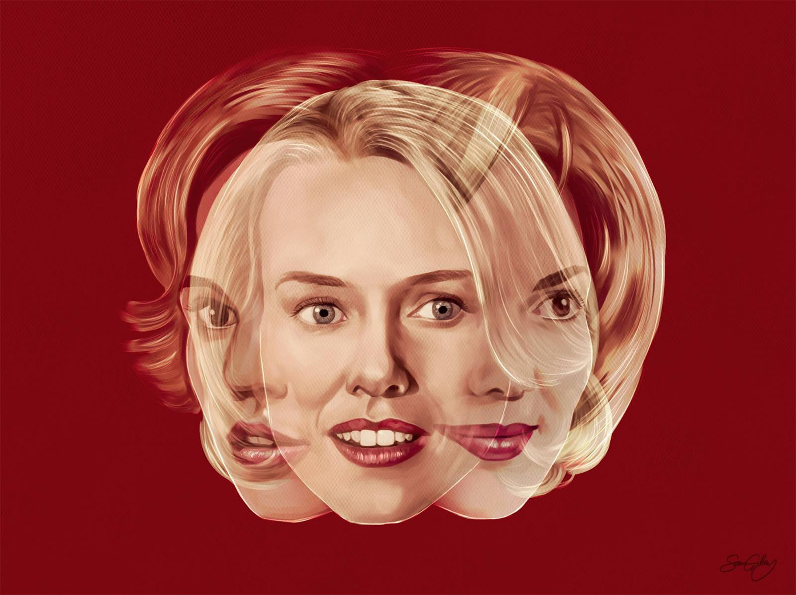 Sam Gilbeys digital art depicts a woman’s face layered thrice with subtle variations, achieving a surreal effect against a deep red background. Each layer captures distinct expressions and is available as a Giclee Edition.