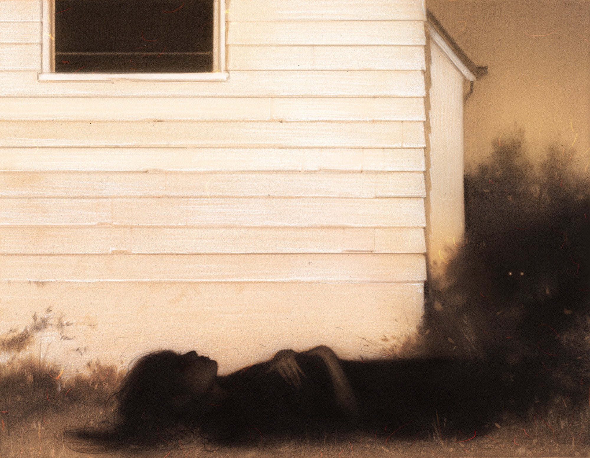 A sepia-toned image, echoing Sam Wolfe Connellys style, depicts a person beside a horizontally-sided building. In the shadows of nearby bushes, two glowing eyes watch eerily like graphite-sketched figures.