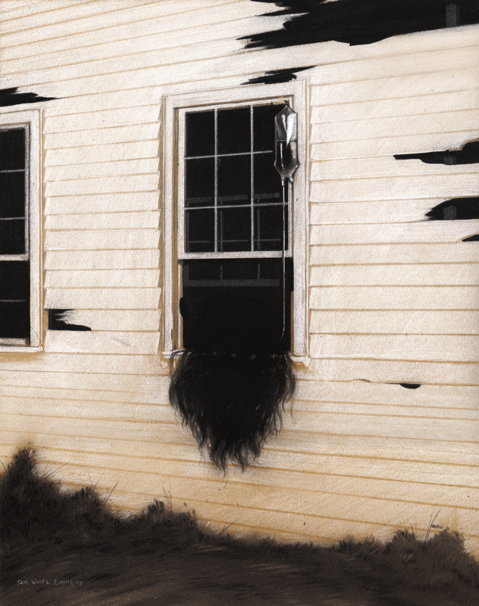 A blackened window of a white clapboard house with a dark, furry mass hanging from it features scorched marks on the siding, reminiscent of a Sam Wolfe Connelly piece. Shadows and smudges enhance the haunting atmosphere.