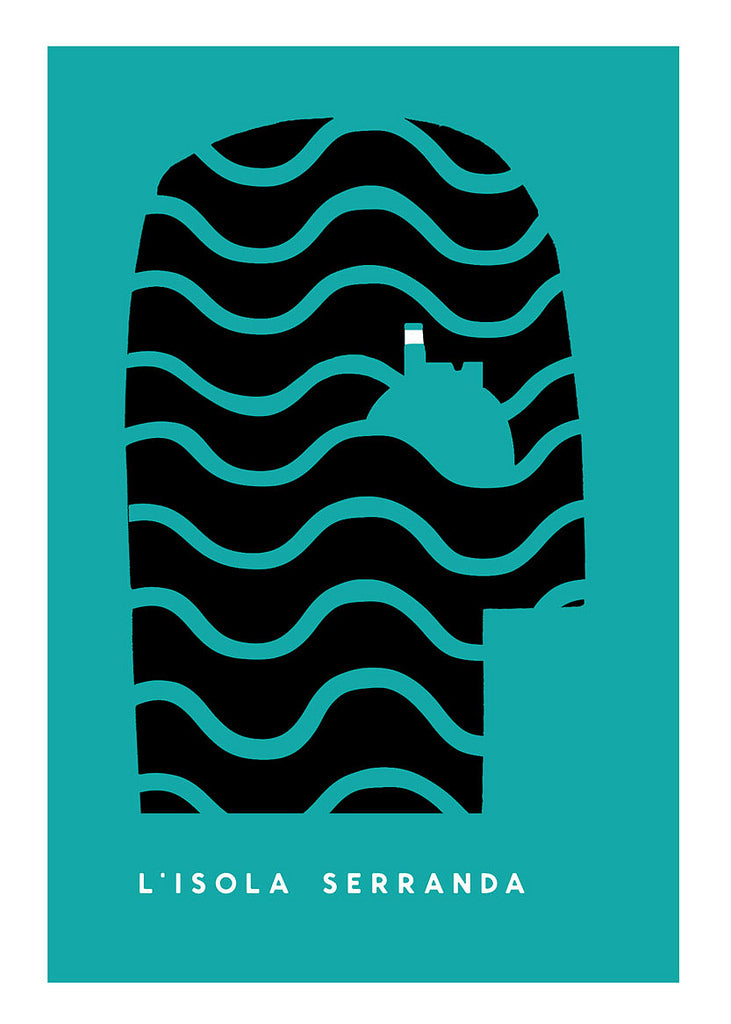A minimalist image features a black silhouette of a wave-patterned head on teal, with a small white island and structures inside. This Martin Scorsese fan art piece by Sam Smith captures cinematic imagination and includes LISOLA SERRANDA at the bottom.