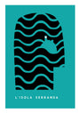 A minimalist image features a black silhouette of a wave-patterned head on teal, with a small white island and structures inside. This Martin Scorsese fan art piece by Sam Smith captures cinematic imagination and includes LISOLA SERRANDA at the bottom.
