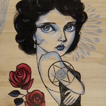 Sandi Calistros acrylic painting captures a vintage, theatrical essence with a woman featuring expressive eyes and curly black hair. Holding a microphone near roses against an intricate wooden texture, its inspired by Dorothy Vallens—ideal for the Spoke Art Gallery collection.