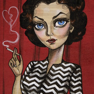 Sandi Calistros acrylic on wood illustration features a woman with a vintage Audrey Horne hairstyle, holding a cigarette with heart-shaped smoke. Her bold zigzag blouse contrasts against the rich red curtain backdrop.