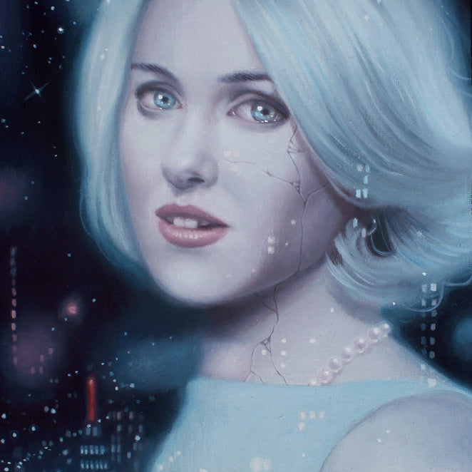 Sarah Joncas presents a dreamlike oil on canvas capturing a blue-eyed woman with white hair. Her cracked skin is adorned with a pearl necklace and light blue top, set against starry skies and faint city lights.