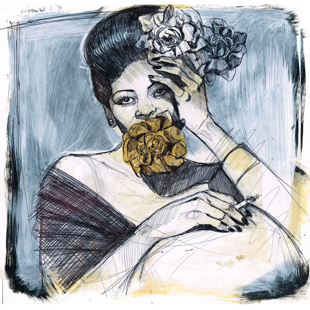 This abstract artwork, crafted by Serge Gay Jr., is inspired by Billie Holiday. It portrays a woman with dark hair, a flower in her hair, partially covered by her hand as she holds a cigarette. The background shows textured blue and cream shades using acrylic and pen on paper.