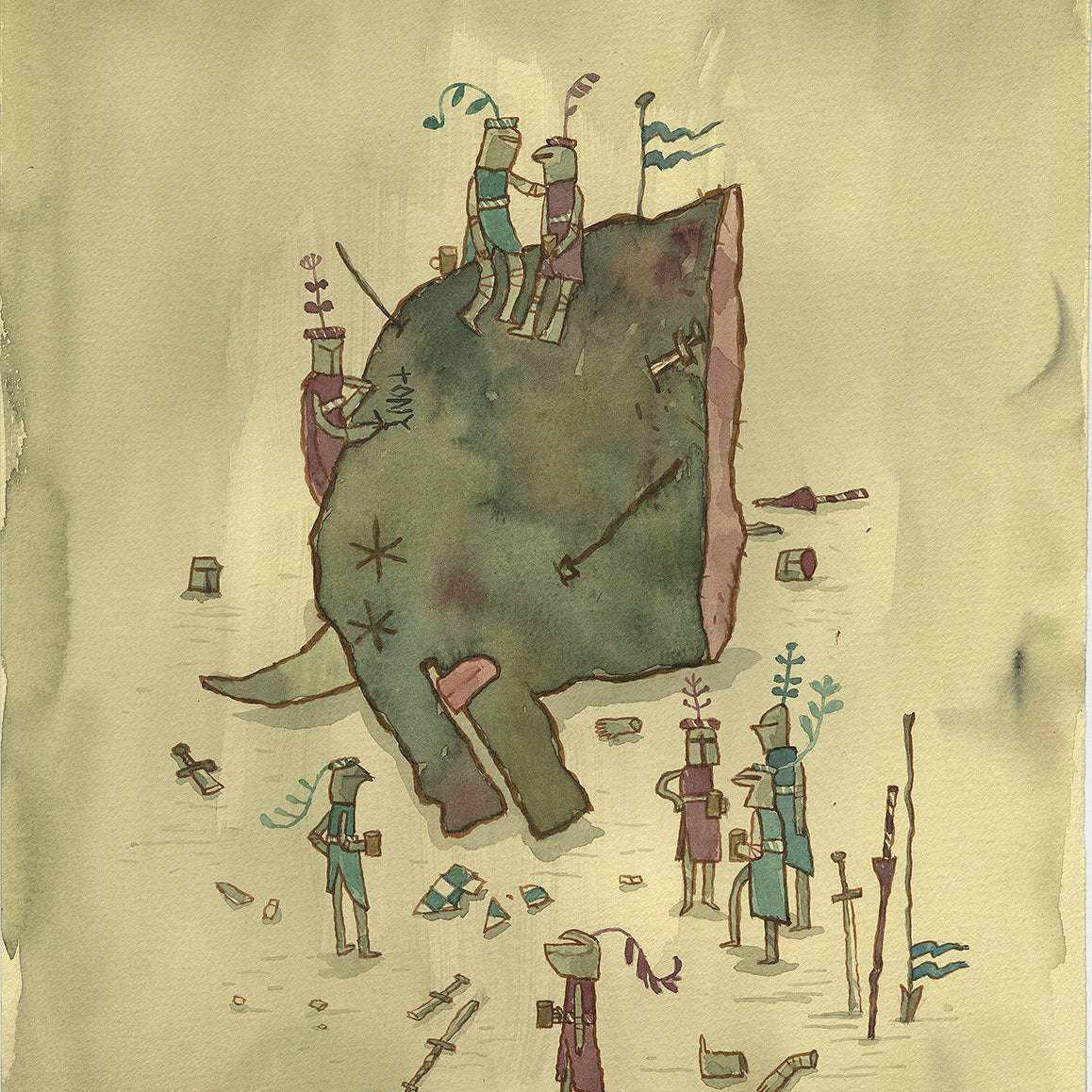 Scott Campbells watercolor on paper shows playful soldiers atop a giant green elephant slice with feathers and flags. Reminiscent of The Slayers, the scene includes ladders, helmets, and leaves, presented in a humorous, surreal style with muted colors.