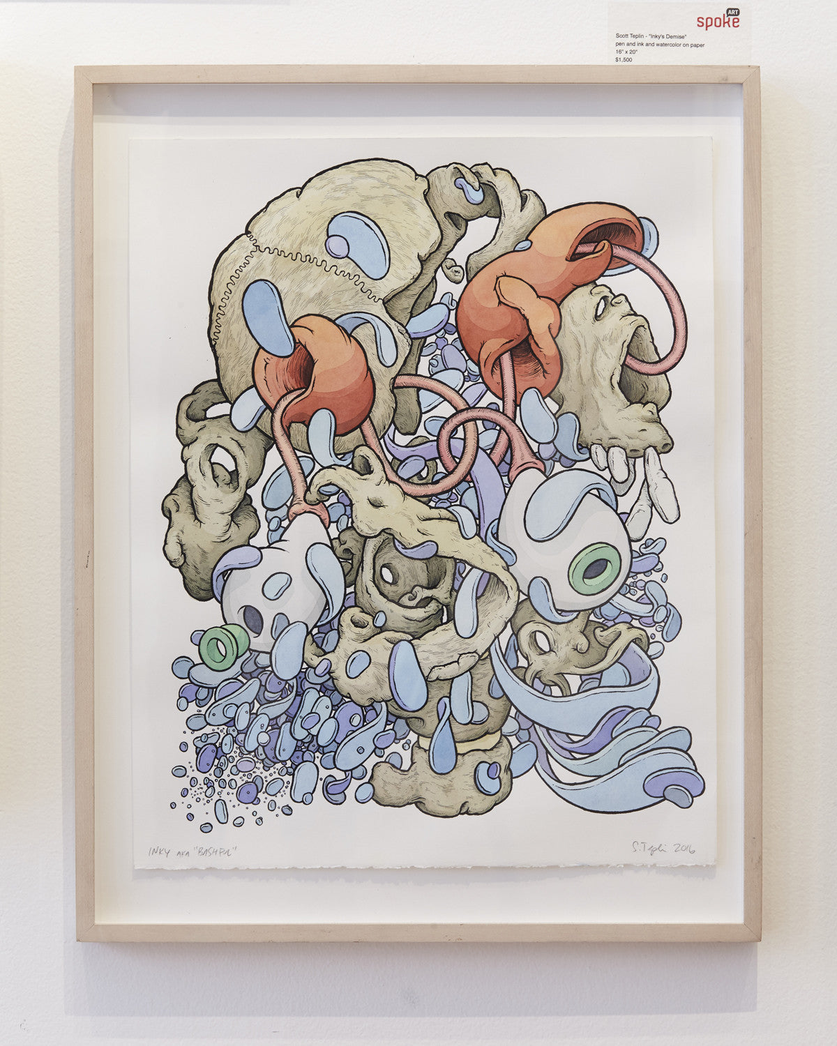 The artwork echoes the imaginative essence of Scott Teplins style, featuring organic shapes in earth tones, blue, and red. Resembling a chaotic mix of tendrils, blobs, and circles framed on a wall, it recalls Suggestivism: Resonance.