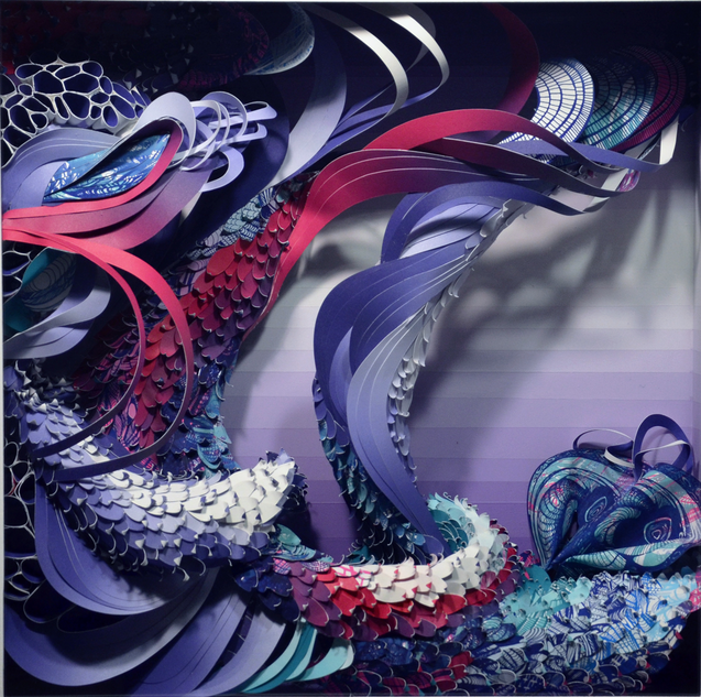 Inspired by Art Basel Miami Beach, Crystal Wagners abstract artwork showcases layered flowing paper shapes in heliotropic shades of purple, pink, and blue. Its dynamic composition evokes a screen prints wave-like motion, creating an entrancing visual rhythm.