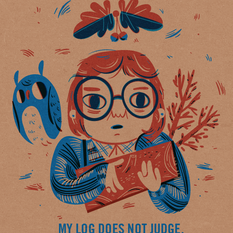 A person with glasses holds a log, an owl on their shoulder, and a moth above. Text: My log does not judge. Muted red and blue hues create a captivating silk screen print vibe on the brown background, evoking classic French paper aesthetics. Artwork by Lauren Gregg.