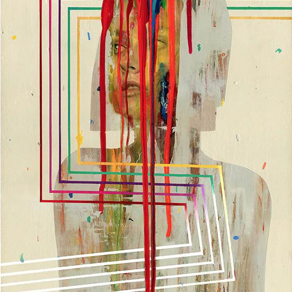 This limited edition Erik Jones print showcases an abstract silhouette entwined with multicolored geometric lines and vertical paint drips. Vibrant red, yellow, green, and blue streams obscure the face on a muted beige background.
