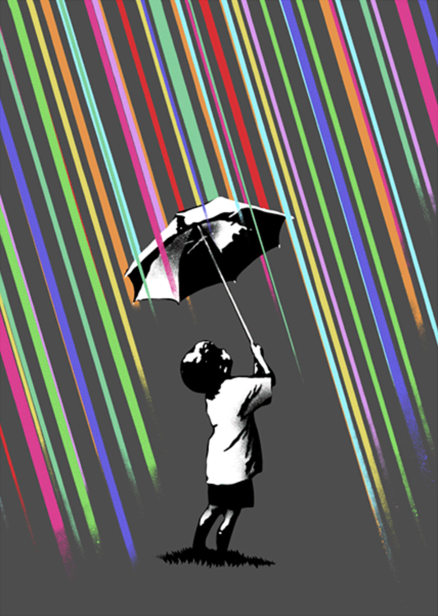 A child with an umbrella gazes at diagonal colorful rain in this Eelus 3D Lenticular print. Signed, numbered, and framed, it features vibrant colors on gray with the child in black and white for a striking contrast.