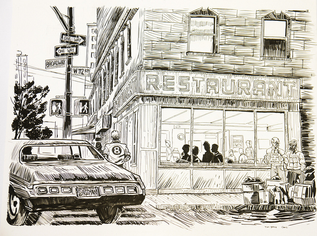 Urban street corner illustration by Tim Doyle: Features a vintage car, large The Big Salad restaurant sign, people gathered outside, and a man in a jersey beneath Broadway and one-way signs. Displayed at Spoke Art Gallery.