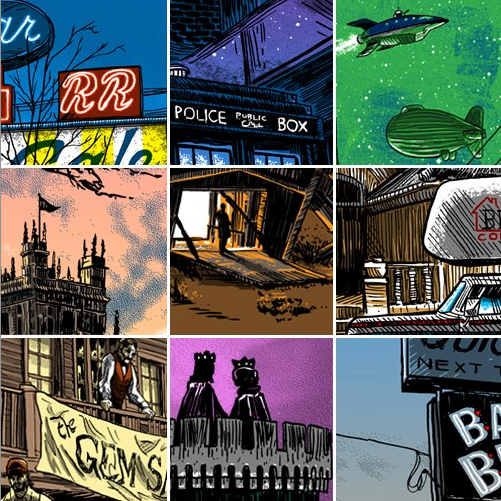 A vibrant collage of nine illustrated squares features neon signs, a police box, a shark in green water, a silhouetted castle, and an old car. This piece is inspired by Tim Doyles style and evokes the feel of Print Set 11 screen prints.