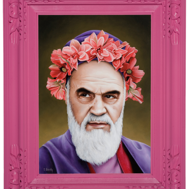Scott Scheidlys portrait features an elderly man with a white beard, wearing a pink floral crown. His serious expression is framed by a purple garment and an ornate pink frame, reflecting the whimsical style displayed at Spoke Art Gallery.