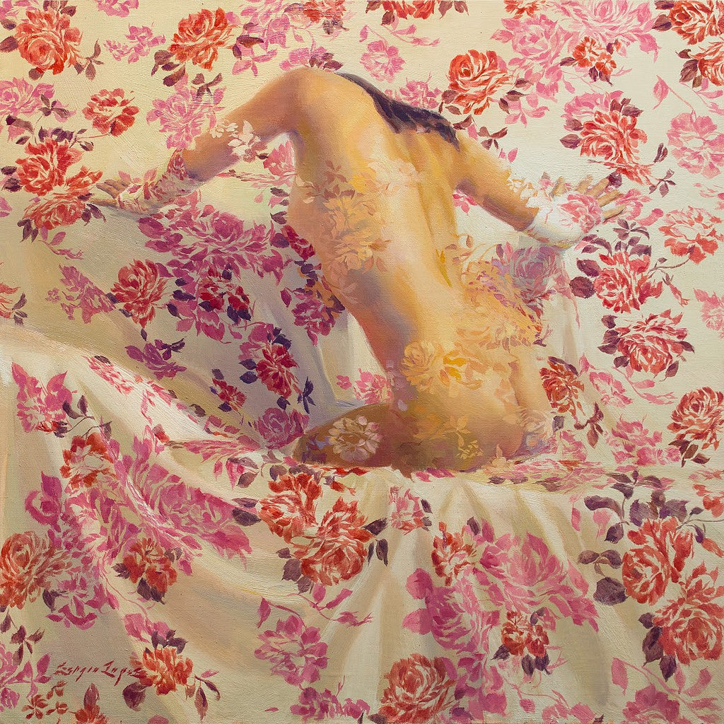 This oil on canvas by Sergio Lopez features a nude figure seated and facing away, beautifully intertwined with a Devonensis floral pattern. Red and pink flowers grace the fabric and body seamlessly in an exquisite display.