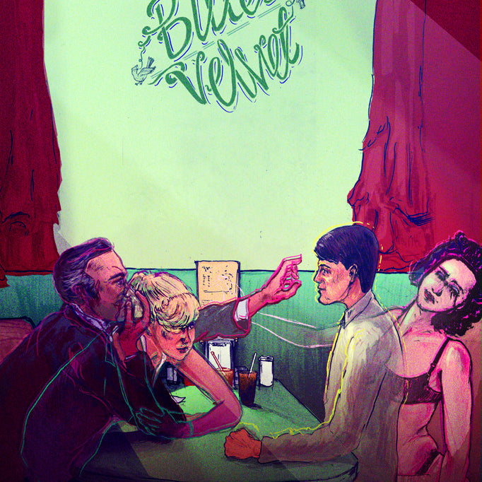 A Shaun Lynch piece shows four people at a table under dim lighting, capturing a fine art mood. A man points at another while a woman rests her head on her hand, and another woman is partially off-screen. Blue Velvet floats above, invoking giclee print quality.