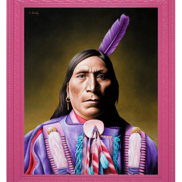 In Scott Scheidlys style, a portrait features a man in Indigenous attire with purple, blue, and red accents. A feather adorns his head, framed in bright pink. Set against a dark background, his serious expression complements the vibrant essence of The Pinks.