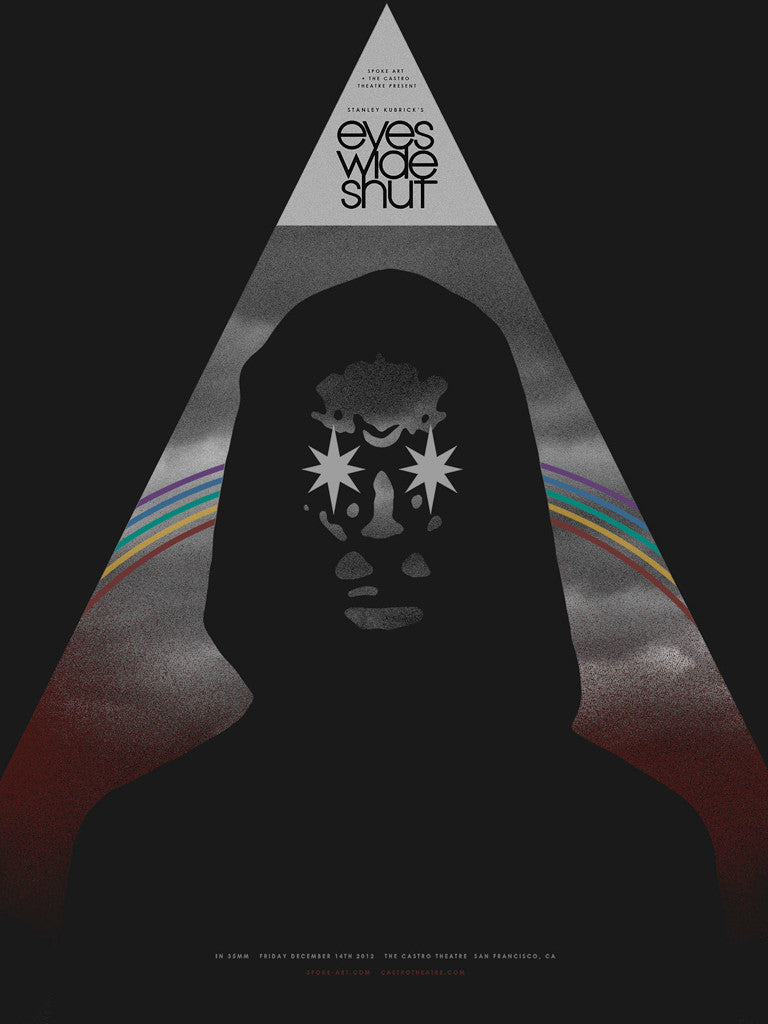 A striking Sam Smith poster for Eyes Wide Shut at Castro Theatre shows a black-and-white hooded silhouette with star-shaped eyes, set against a dark triangle and rainbow arches. Additional text below provides event details.