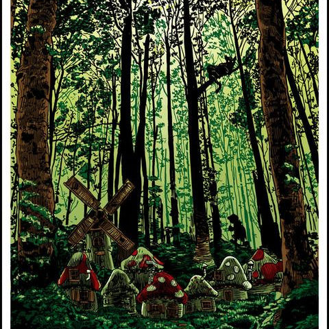 A fantastical forest scene, echoing Tim Doyles iconic screen print style, displays a windmill and mushroom-shaped houses amidst towering trees. The vibrant greenery and dappled sunlight craft a magical atmosphere three apples high.