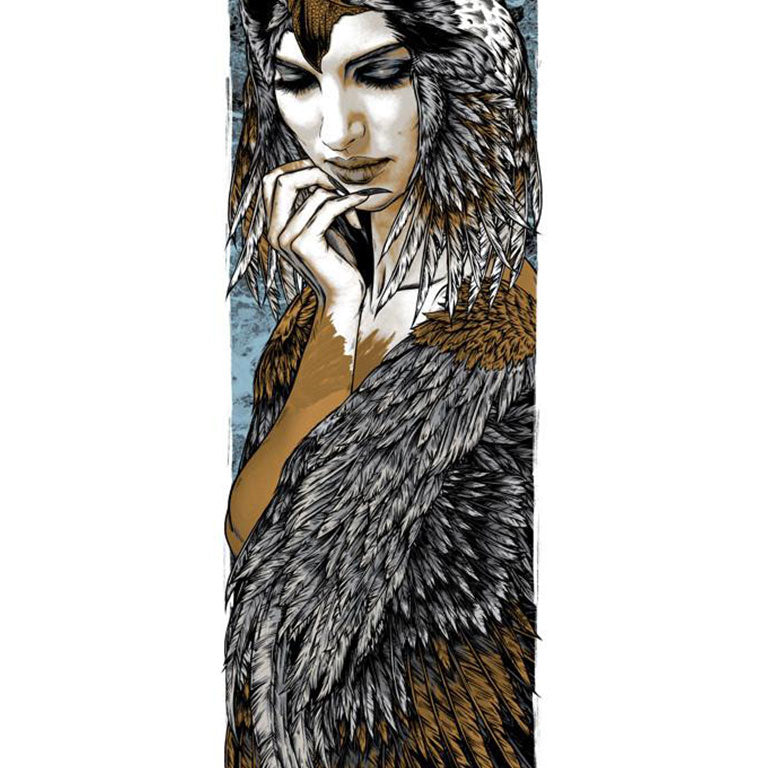 A woman wears an intricate falcon headdress similar to a Rhys Cooper piece. Her thoughtful expression and the detailed feathers around her shoulders blend human and bird traits against a textured backdrop, evoking a masterful screen print.