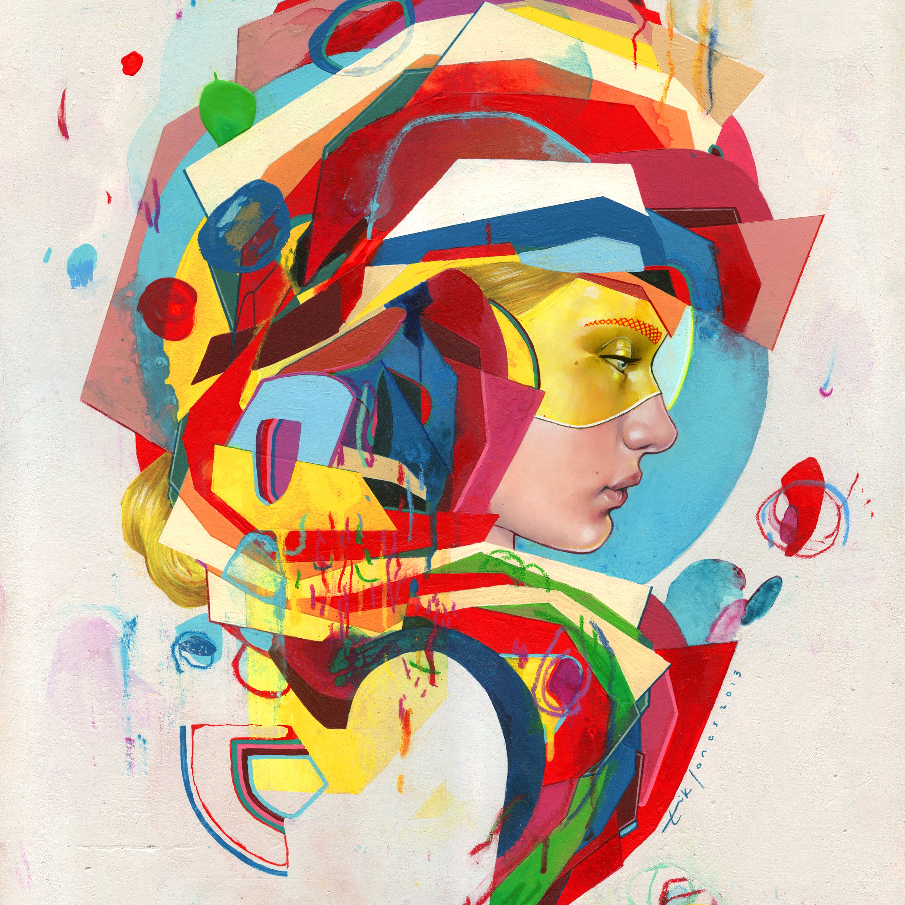 A colorful abstract portrait in Erik Jones style showcases a profile with bold geometric shapes and vibrant hues like red, blue, yellow, and green, creating a dynamic composition reminiscent of watercolor techniques.