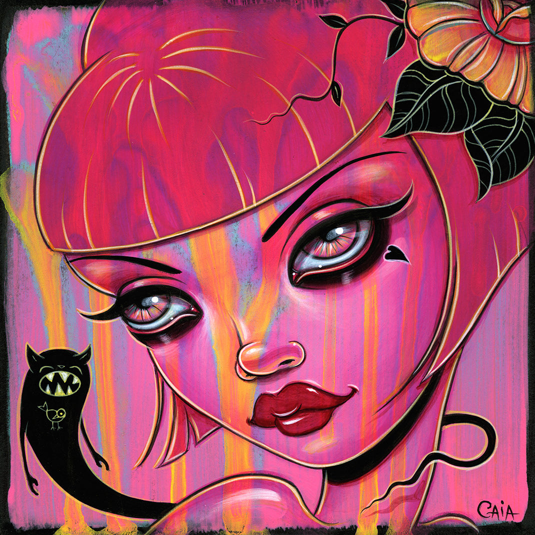 A vibrant, Caia Koopman-inspired piece shows a womans face in pink tones, with large eyes and red lips, featuring a heart tattoo. A playful Happy Cat grins nearby while flowers and leaves adorn her hair.