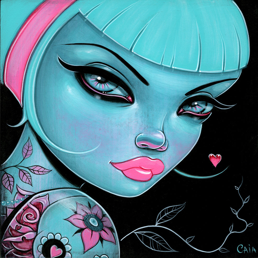 This artwork features a stylized woman with teal hair and skin, pink lips, and expressive eyes. Her arm is adorned with floral tattoos, and she wears a small pink heart earring. The black background with decorative elements reflects Caia Koopmans signature style.