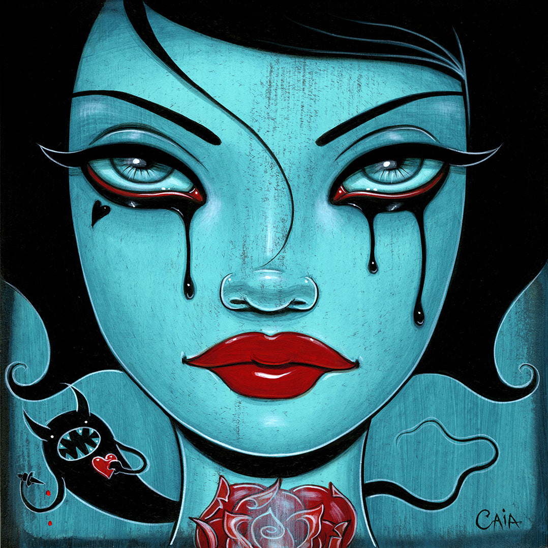 An acrylic portrait signed by Caia Koopman depicts a woman with blue skin, red lips, and dramatic black tears. Her neck features a rose and small monster. The teal background contains abstract shapes, all painted on a wood panel.