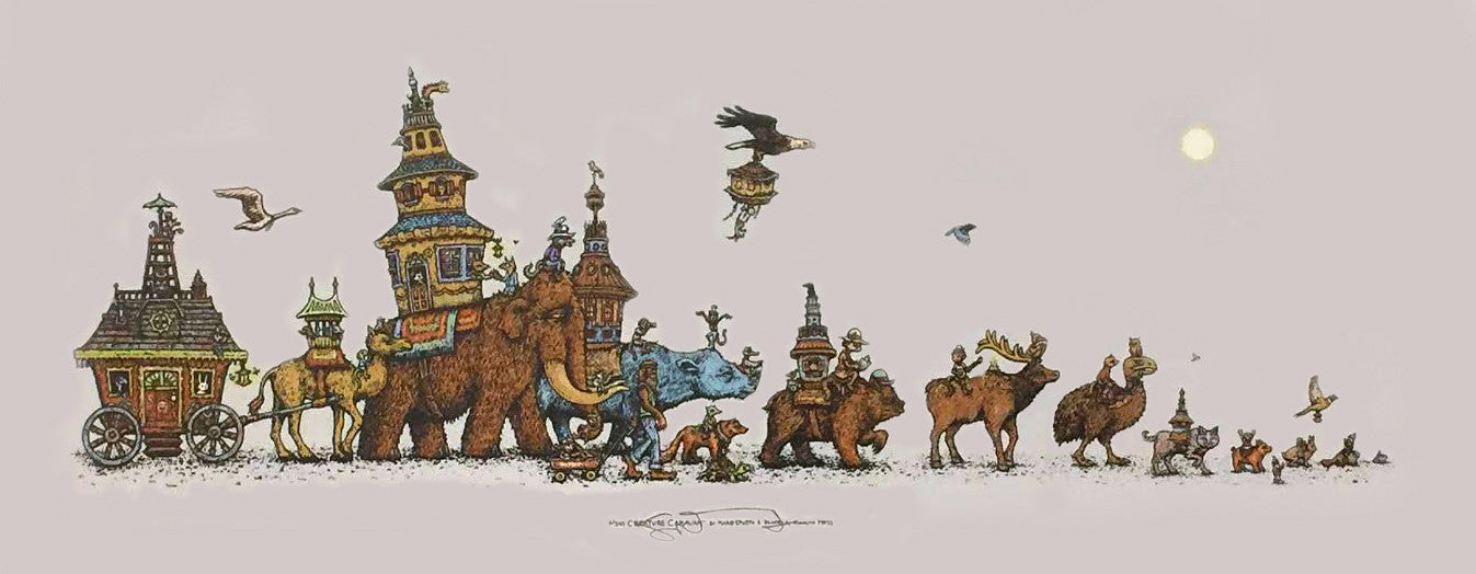 This limited edition screen print by Marq Spusta depicts a whimsical scene with an elephant, rhinoceros, camel, bear, and deer carrying building-like structures on their backs. They walk in line under birds soaring towards a gleaming sun in the distance.