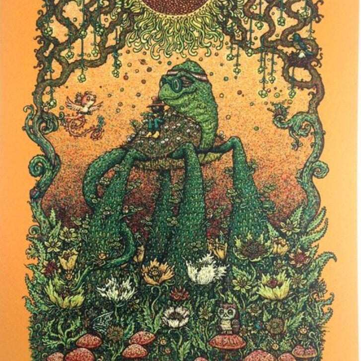 A Marq Spusta-inspired illustration showcases a whimsical, multi-eyed frog-like creature standing amidst plants. Its surrounded by mushrooms, flowers, and vines, while a bird flies nearby against a detailed orange backdrop—ideal for screen print enthusiasts looking for custom framing.