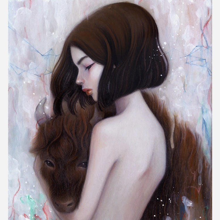 Stella Im Hultbergs painting features a dark-haired woman embracing a buffalo with closed eyes, conveying contemplation. The abstract, soft-colored background enhances the serene and dreamlike ambiance of this Supersonic Electronic Invitational artwork.