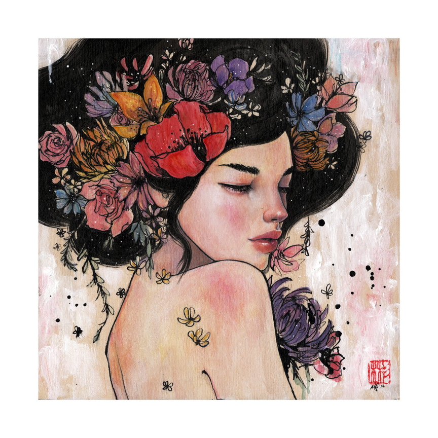 Stella Im Hultbergs fine art giclee features a woman with closed eyes, adorned with a detailed flower crown and delicate floral and bee accents on her bare shoulders. The soft white and pink background is contrasted by black splatters, making it a perfect addition to your collection.