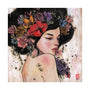 Stella Im Hultbergs fine art giclee features a woman with closed eyes, adorned with a detailed flower crown and delicate floral and bee accents on her bare shoulders. The soft white and pink background is contrasted by black splatters, making it a perfect addition to your collection.