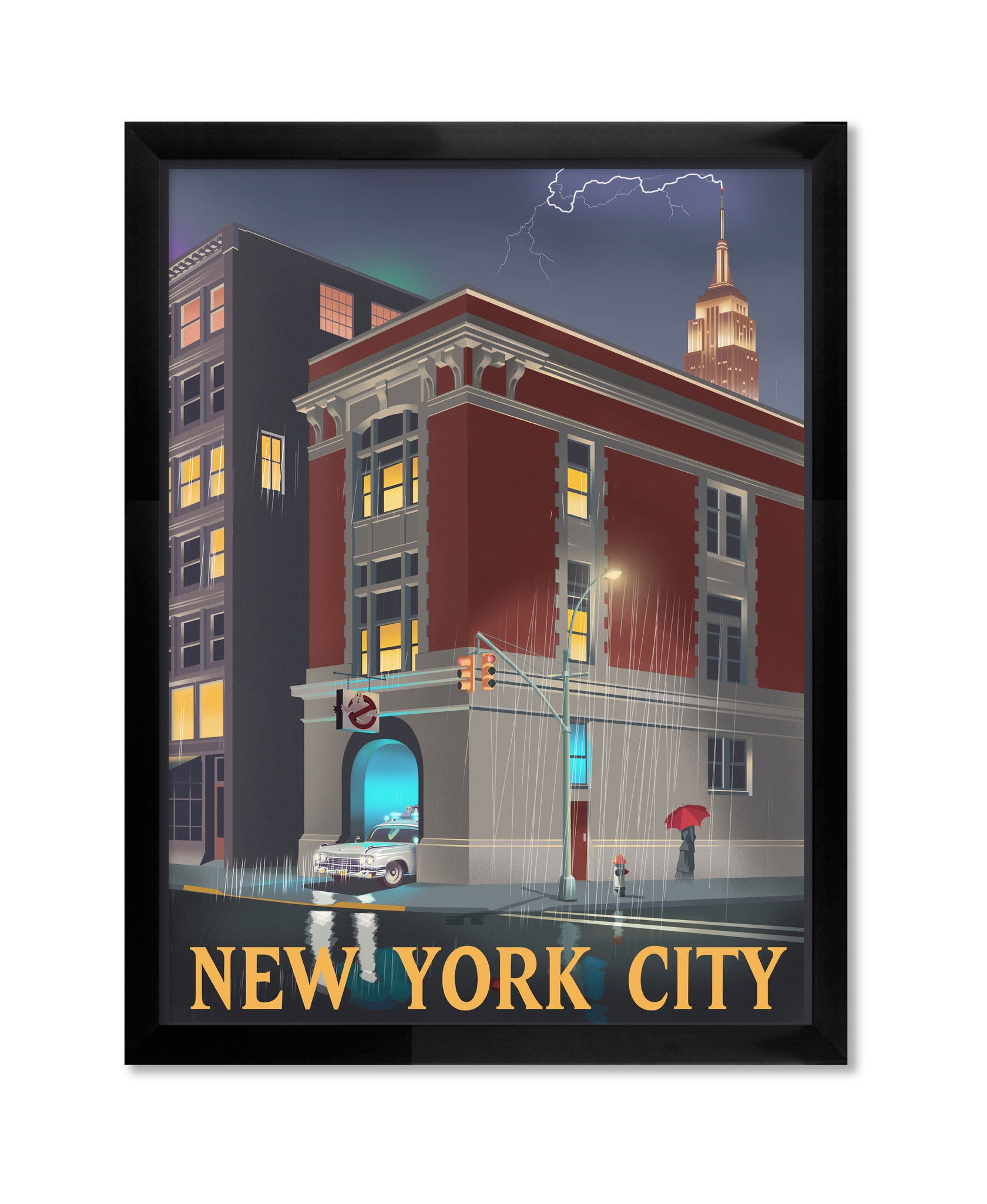 This limited edition fine art giclee print by Steve Thomas depicts a moody New York City night scene with a vintage car, a person holding an umbrella near a red building, and the Empire State Building lit by lightning. NEW YORK CITY is elegantly inscribed below.