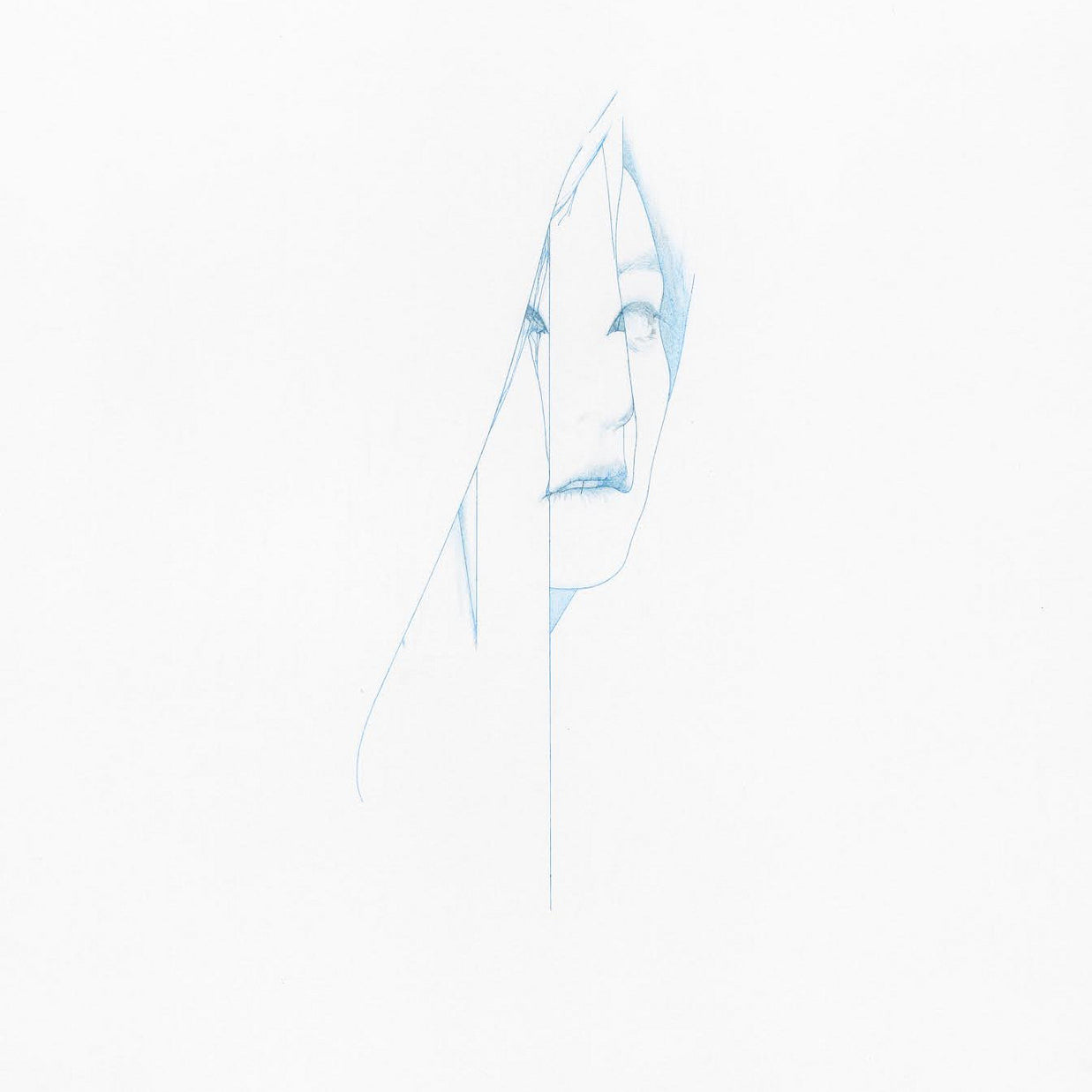 A minimalist Steve Kim drawing, in light blue with colored pencil and graphite, depicts a partially obscured face with long hair on a plain white background. The calm yet slightly distorted expression is characteristic of his signature style.