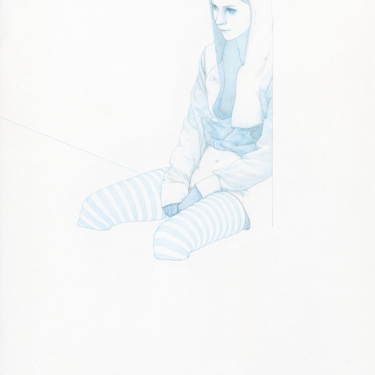 A Steve Kim-style illustration depicts a person in a hooded jacket and striped leggings. Sitting serenely with clasped hands against a blank background, the image exudes tranquility through light blue tones and colored pencil-like textures.