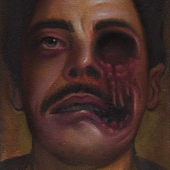 Steven Dailys surreal oil on canvas painting depicts a mustachioed man with one normal eye and a hollow, distorted area for the other eye and cheek. Dark tones add a haunting atmosphere, making it a fitting Martin Scorsese tribute.