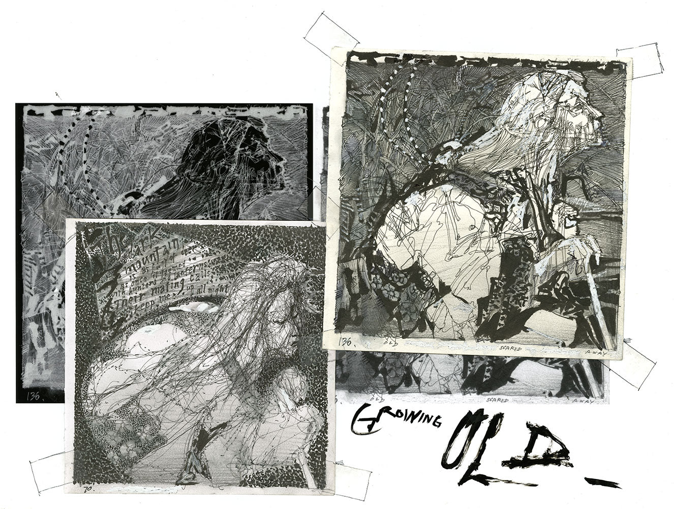 Monochrome illustration of three abstract panels depicting an elder with long hair. This captivating artwork, titled Growing Old, features dynamic patterns and textures, reflecting Barron Storeys signature style and is available for sale.